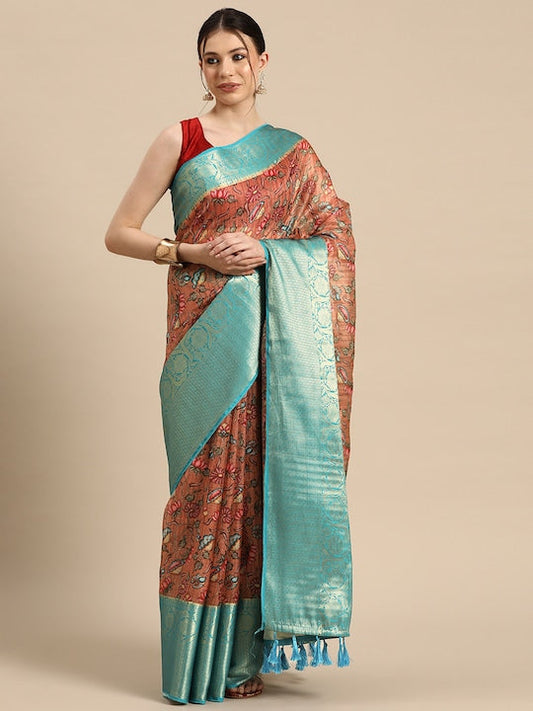 Silk Land Floral Printed Zari Muga Saree