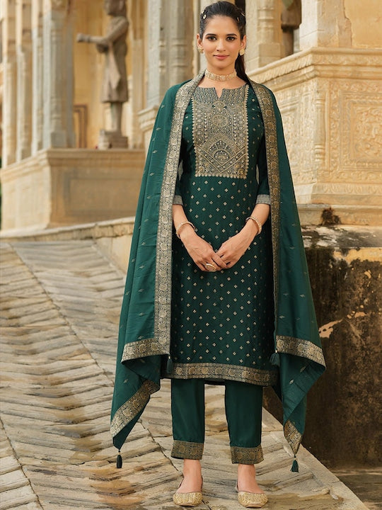 Scakhi Women Green Ethnic Motifs Pure Silk Kurta with Trousers & With Dupatta