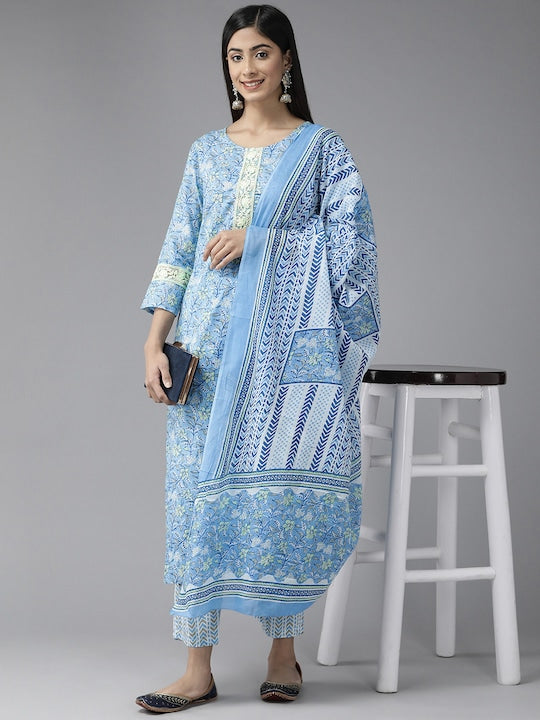 Yufta Women Floral Printed Thread Work Pure Cotton Kurta With Trousers & With Dupatta