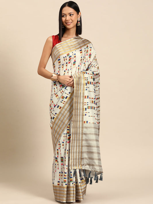 Silk Land Printed Zari Silk Blend Banarasi Saree