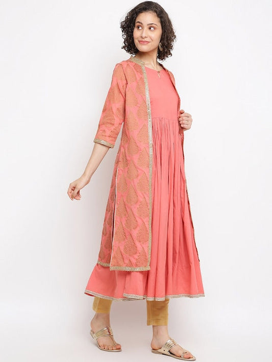 IMARA Keyhole Neck Anarkali Kurta With Ethnic Motifs Woven Design Jacket