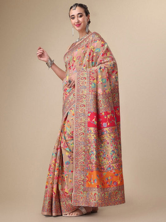 Sangria Beige & Orange Floral Woven Design Pure Silk Saree