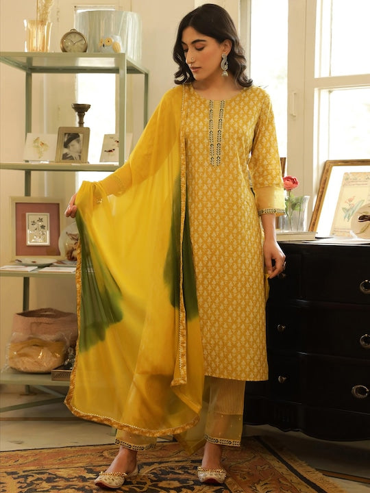 SCAKHI Women Yellow Ethnic Motifs Sequinned Pure Cotton Kurta with Palazzos & With Dupatta