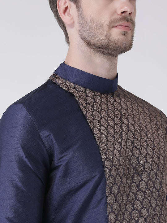 Deyann Men Navy Blue & Cream-Coloured Self Design Kurta with Churidar