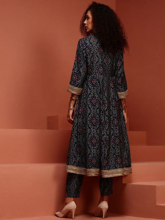 IMARA Ethnic Motifs Printed Thread Work Anarkali Kurta with Trousers