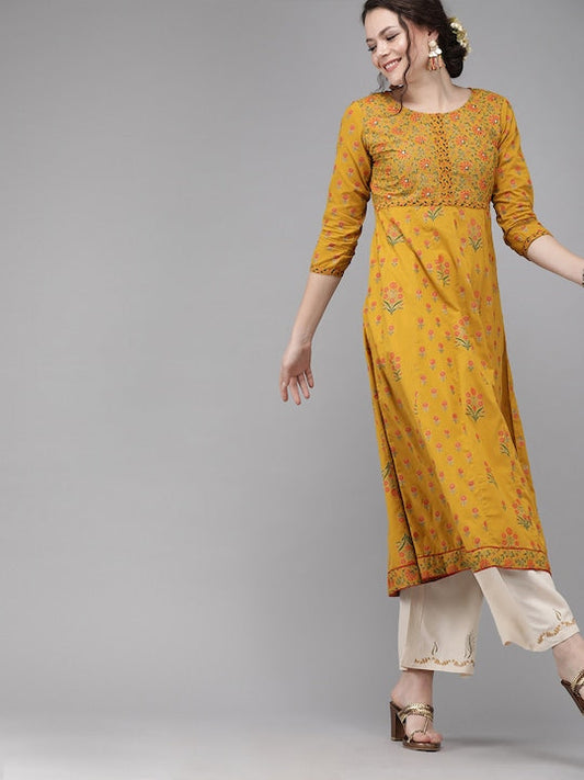 Yufta Women Mustard Yellow & Green Printed A-Line Panelled Kurta