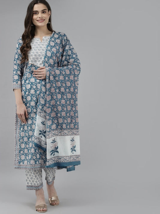 Yufta Women Blue Pure Cotton Yoke Design Sequinned Kurta with Palazzos & Dupatta
