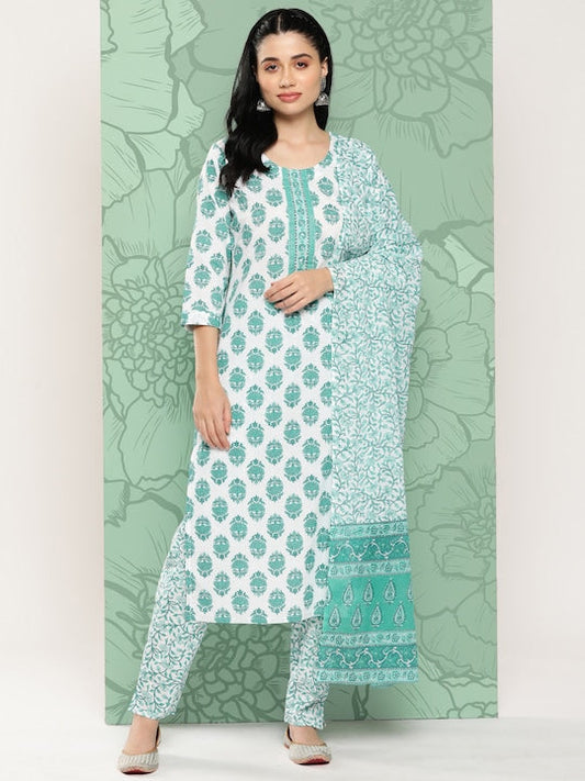 Yufta Women Floral Regular Pure Cotton Kurta with Trousers & Dupatta