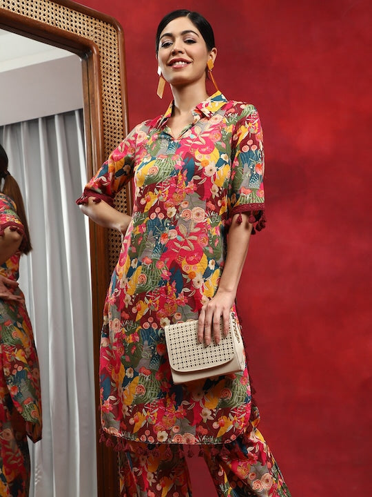 AKS Couture Floral Printed Shirt Collar Regular Pure Cotton Kurta With Salwar