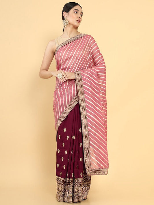 Soch Women Pink & Maroon Leheriya Embroidered Silk Blend Tussar Saree