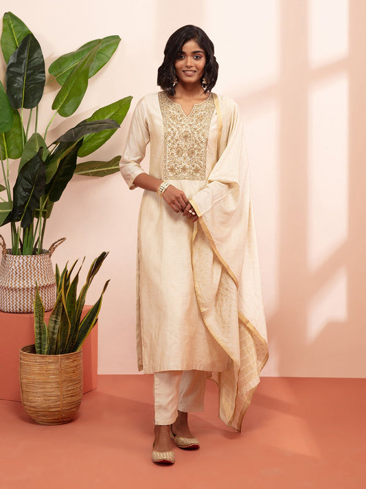 Likha Shaan-e-Avadh Beige Zardosi Work Kurta, Pant & Dupatta LIKSKD121 (Set of 3) - L