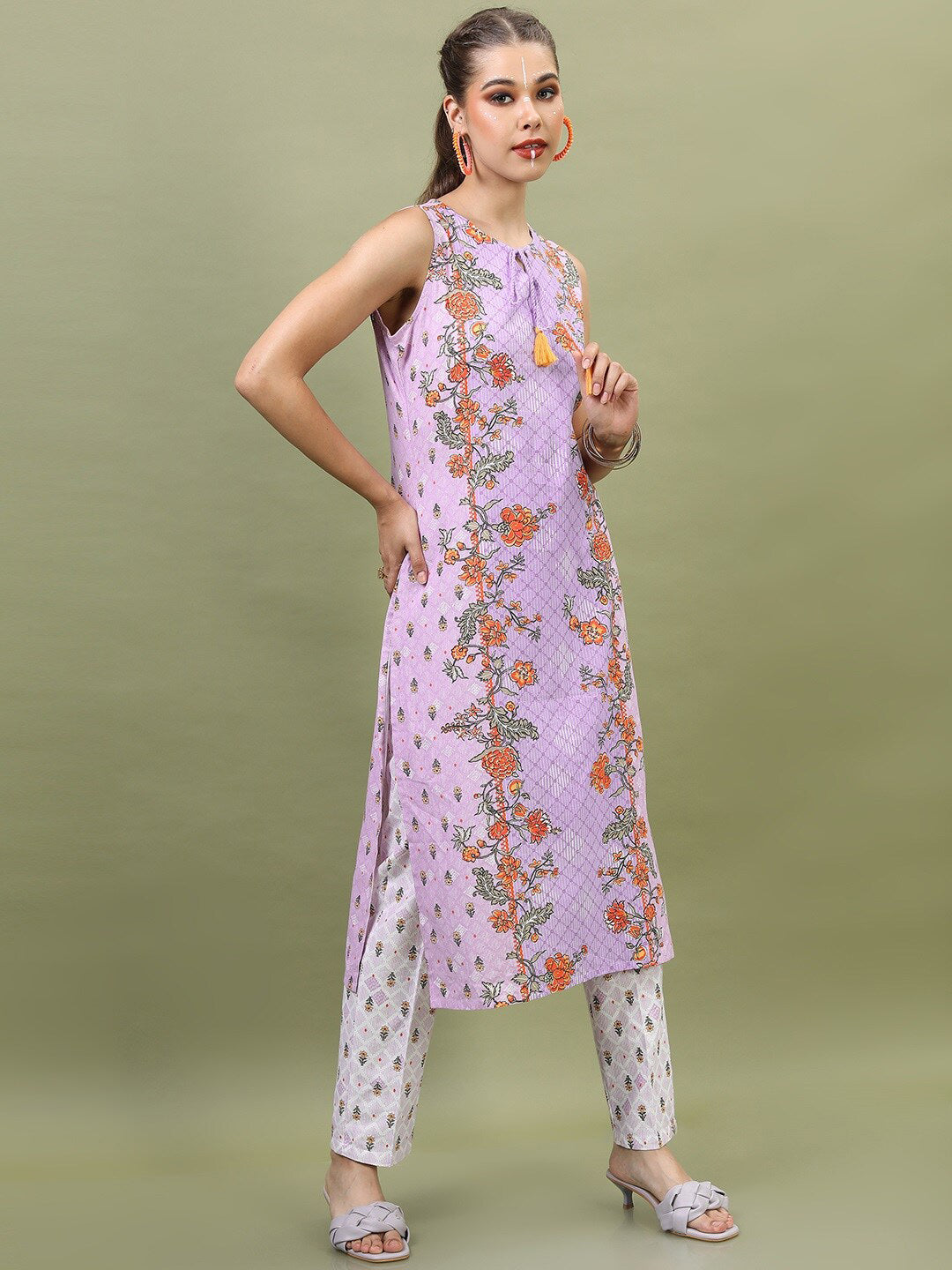Vishudh Women Mauve Printed Pure Cotton Kurta with Trousers & With Dupatta