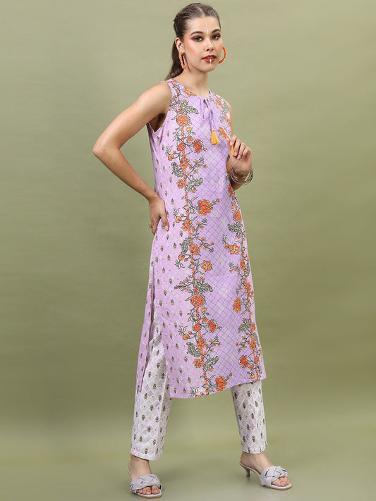 Vishudh Women Mauve Printed Pure Cotton Kurta with Trousers & With Dupatta