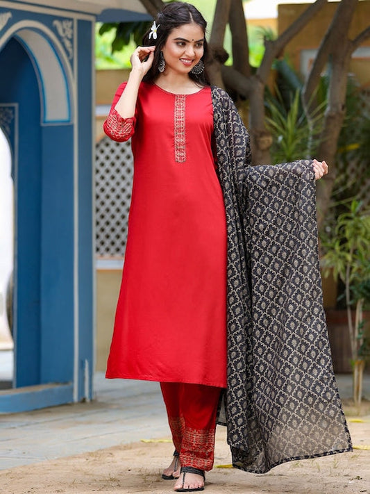 Yufta Women Maroon Kantha Work Pure Cotton Kurta with Trousers & With Dupatta - XXL