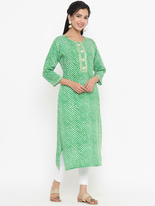 Yufta Women Green Leheriya Printed Kurta