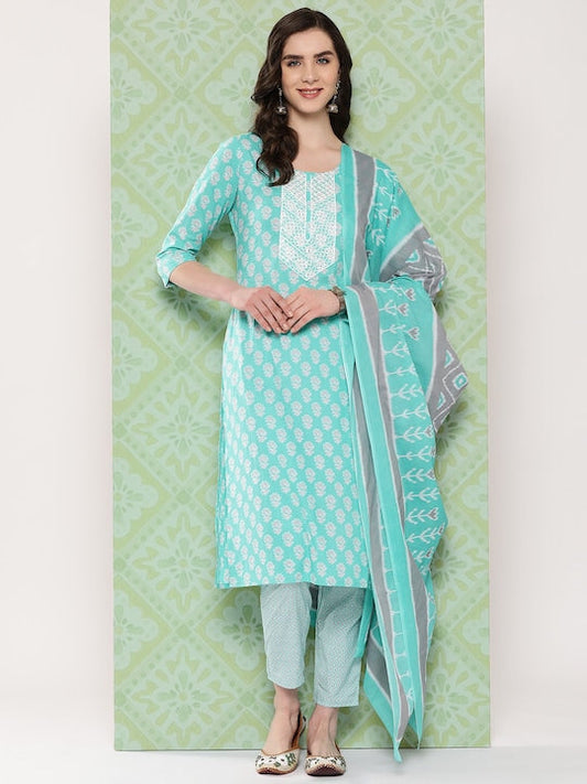 Yufta Women Floral Embroidered Regular Thread Work Kurta with Trousers & Dupatta