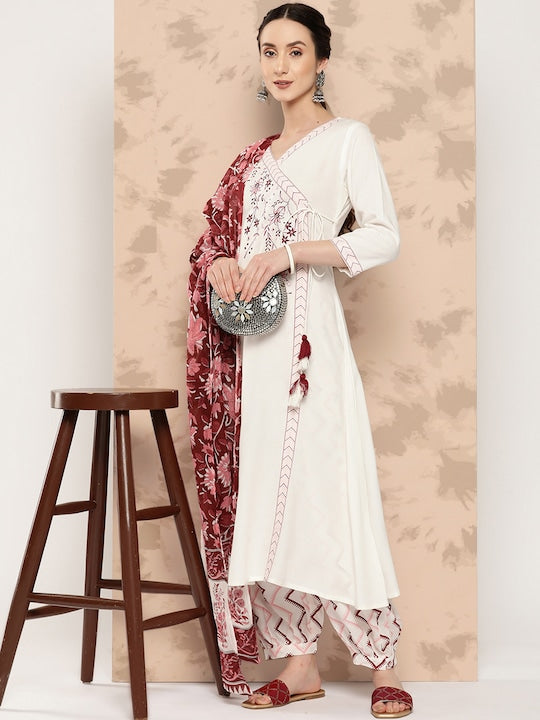 Yufta Women White Embroidered Angrakha Thread Work Kurta with Salwar & With Dupatta
