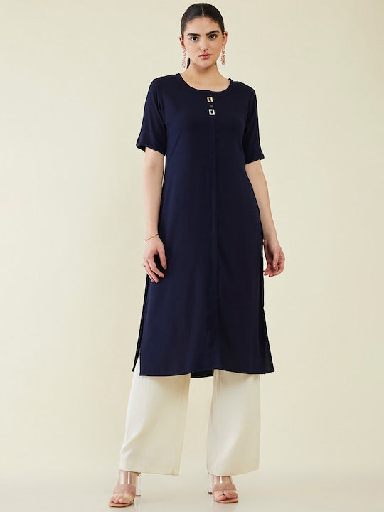 Soch Round Neck Roll Up Sleeves A Line Kurta