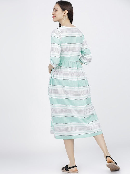 Vishudh Cream-Coloured & Blue Striped A-Line Midi Dress