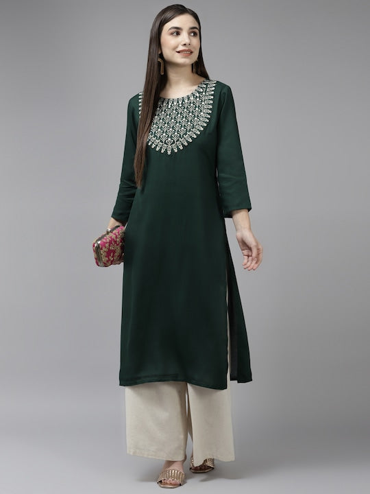 Yufta Women Green & Gold Ethnic Motifs Yoke Design Mirror Work Straight Kurta