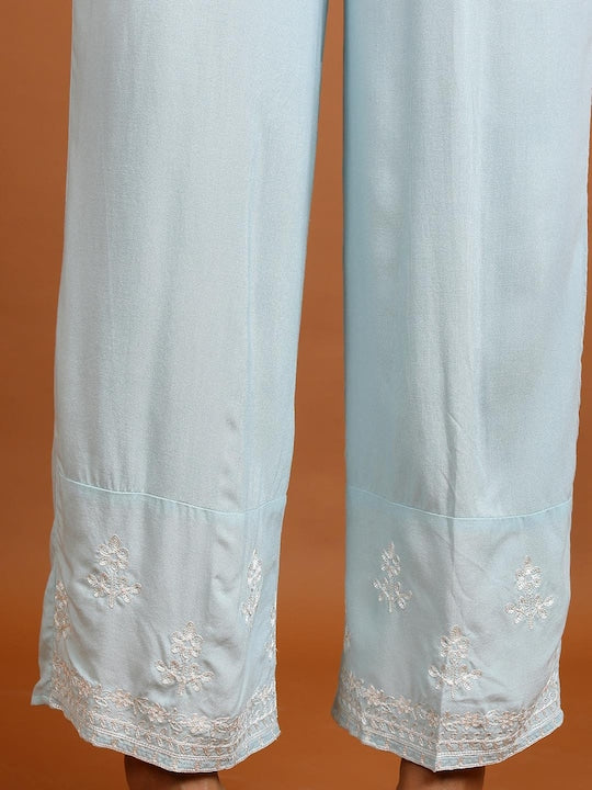 Vishudh Floral Embroidered Thread Work Straight Kurta With Palazzos
