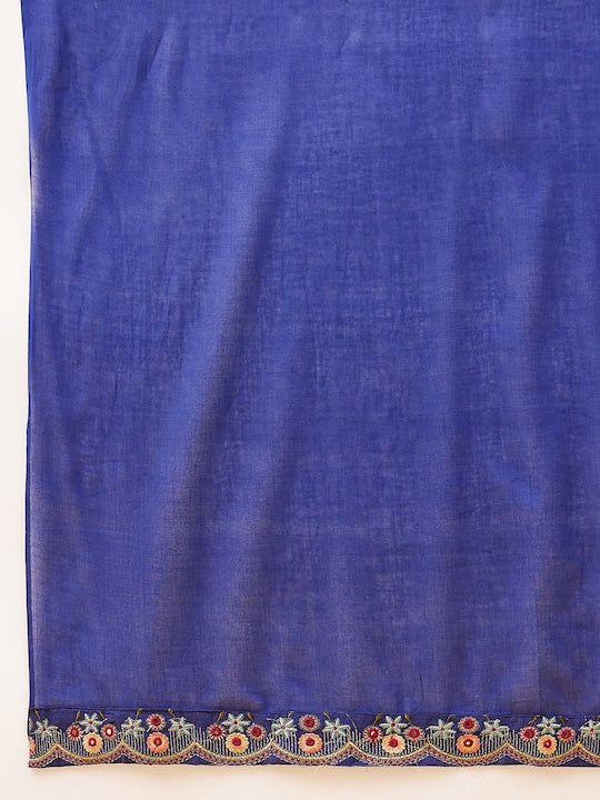 All about you Blue Floral Embroidered Regular Mirror Work Kurta With Trousers & Dupatta