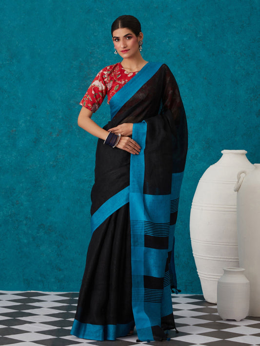 Likha Black Linen Zari Blend Bhagalpuri Saree with Unstitched Blouse LIKSAR78 (Free Size)