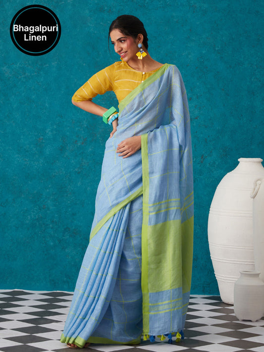 Likha Blue Linen Zari Blend Bhagalpuri Saree with Unstitched Blouse LIKSAR82 (Free Size)