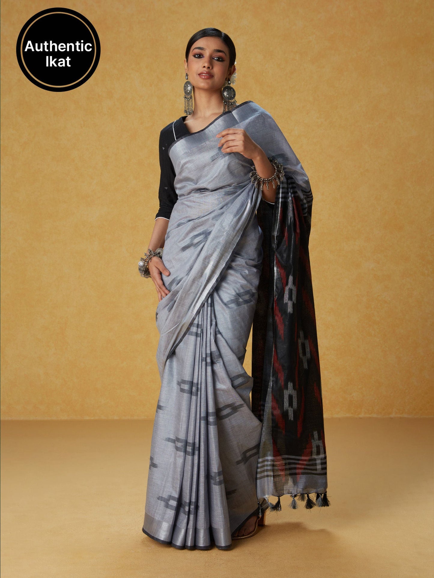 Likha Grey Cotton Ikat Saree with Unstitched Blouse LIKSAR91 (Free Size)