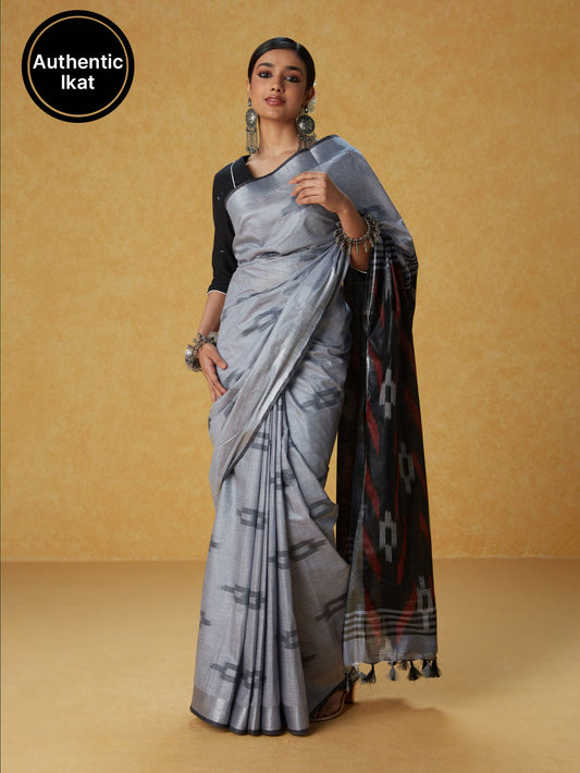 Likha Grey Cotton Ikat Saree with Unstitched Blouse LIKSAR91 (Free Size)