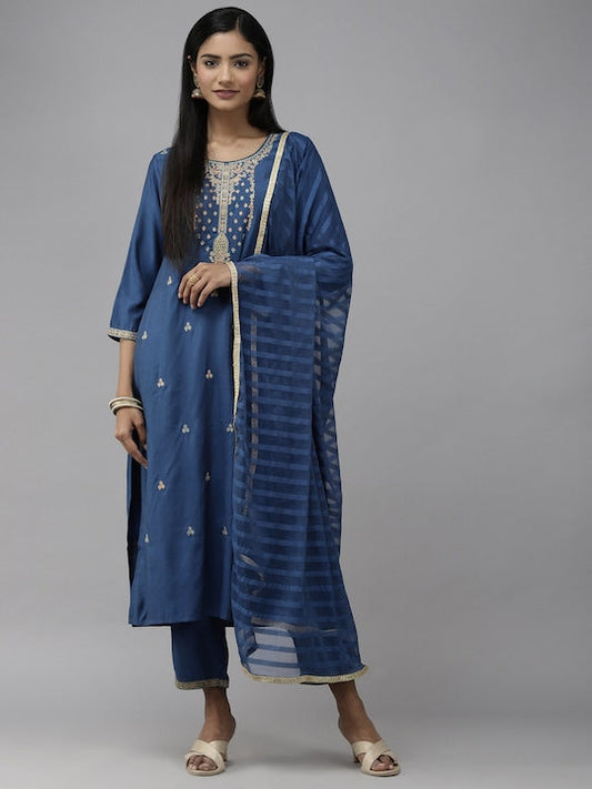 Yufta Women Blue Ethnic Motifs Embroidered Kurta Set - M