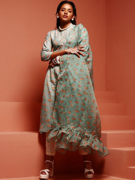 IMARA Floral Printed A-Line Regular Kurta with Trousers With Dupatta