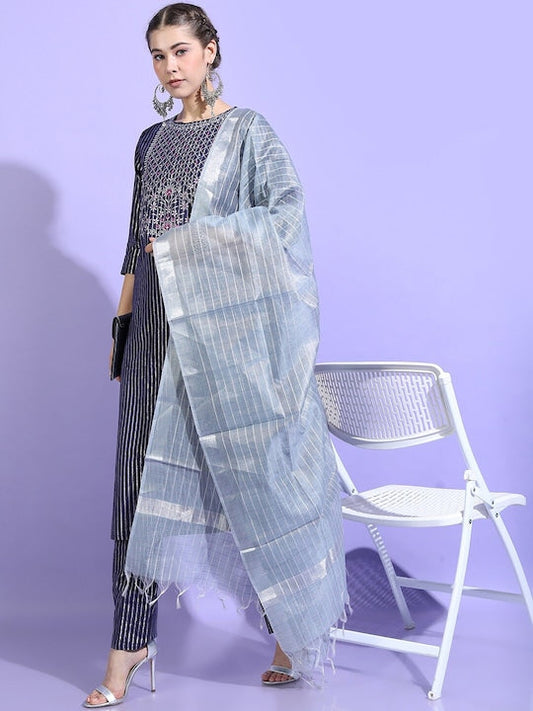 Vishudh Women Blue Striped Pure Cotton Kurta with Trousers & With Dupatta