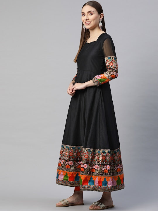 Myshka Women Black Embroidered Detail Anarkali Kurta With Dupatta