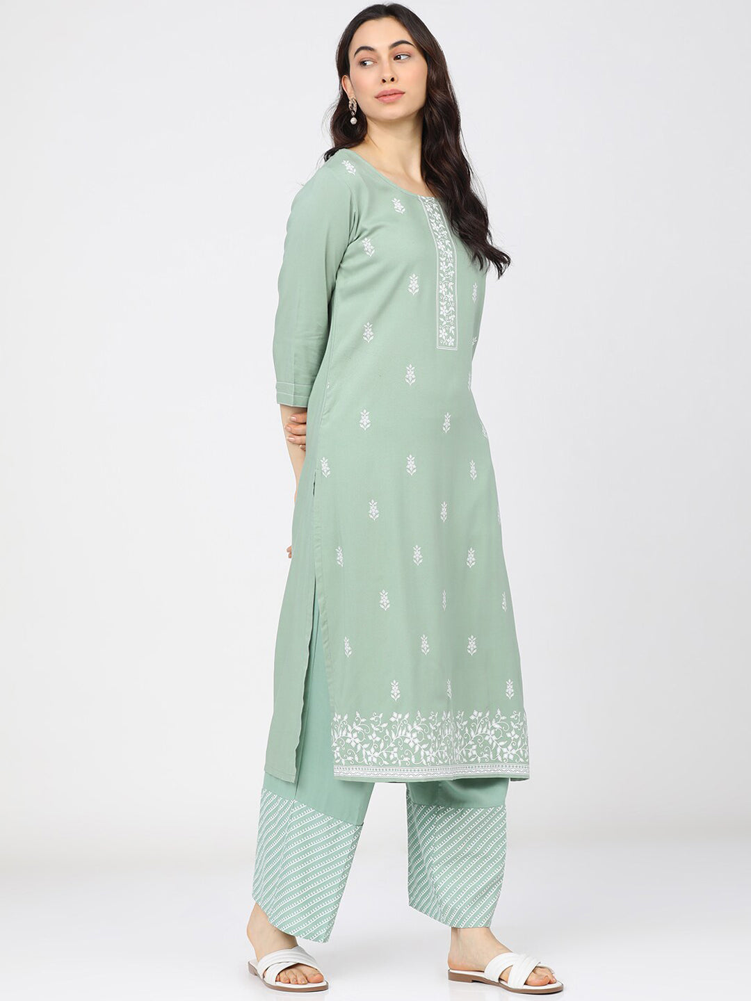 Vishudh Women Green & White Ethnic Motifs Printed Kurta