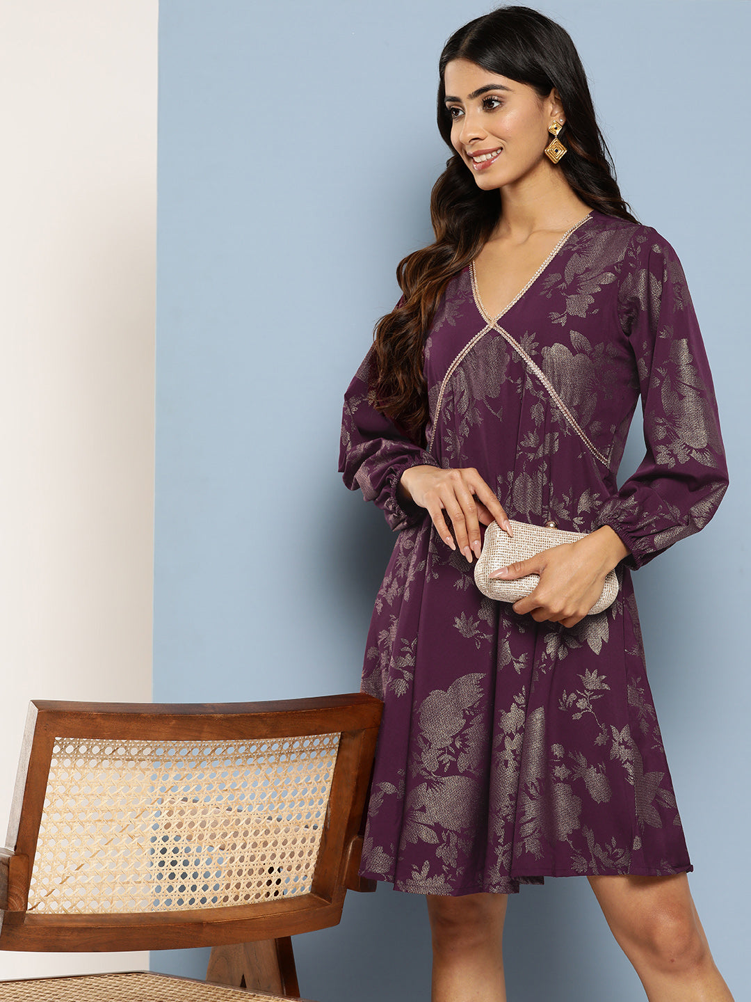 Ahalyaa Floral Print Puff Sleeves Empire Crepe Ethnic Dress