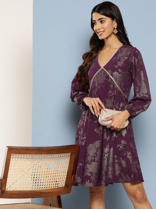 Ahalyaa Floral Print Puff Sleeves Empire Crepe Ethnic Dress