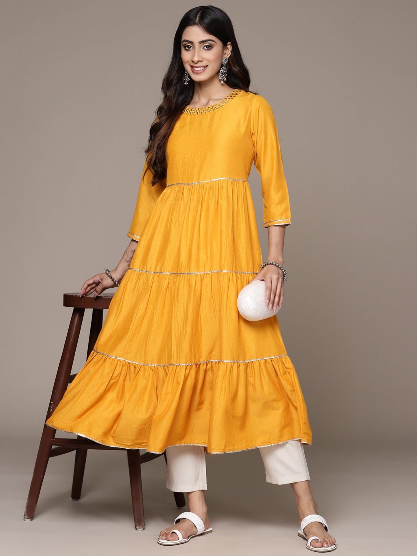 ISHIN Women's Silk Mirror Work Mustard Anarkali Kurta