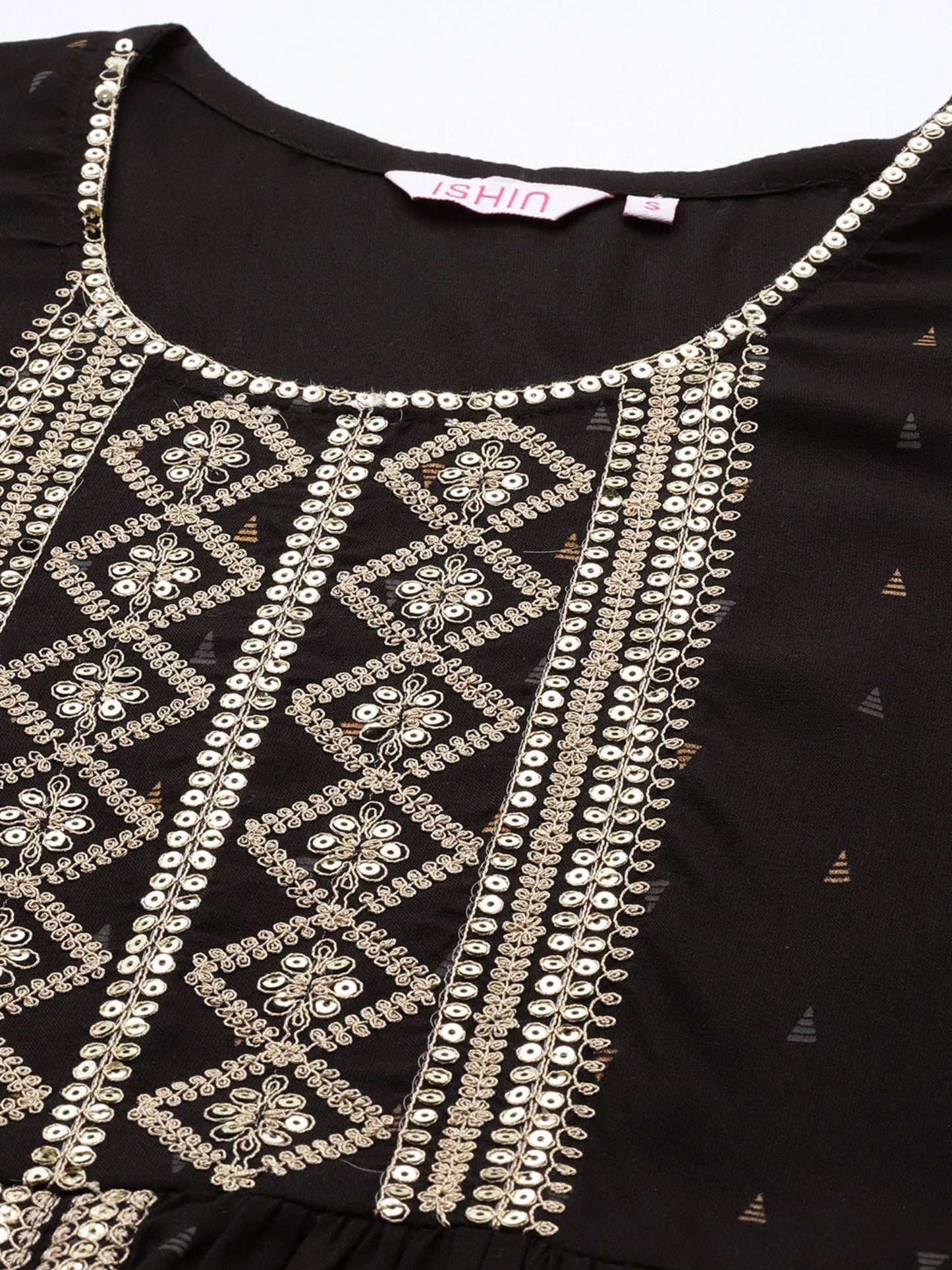 ISHIN Women's Black Foil Printed Zari with Sequins Rayon Flared Kurta