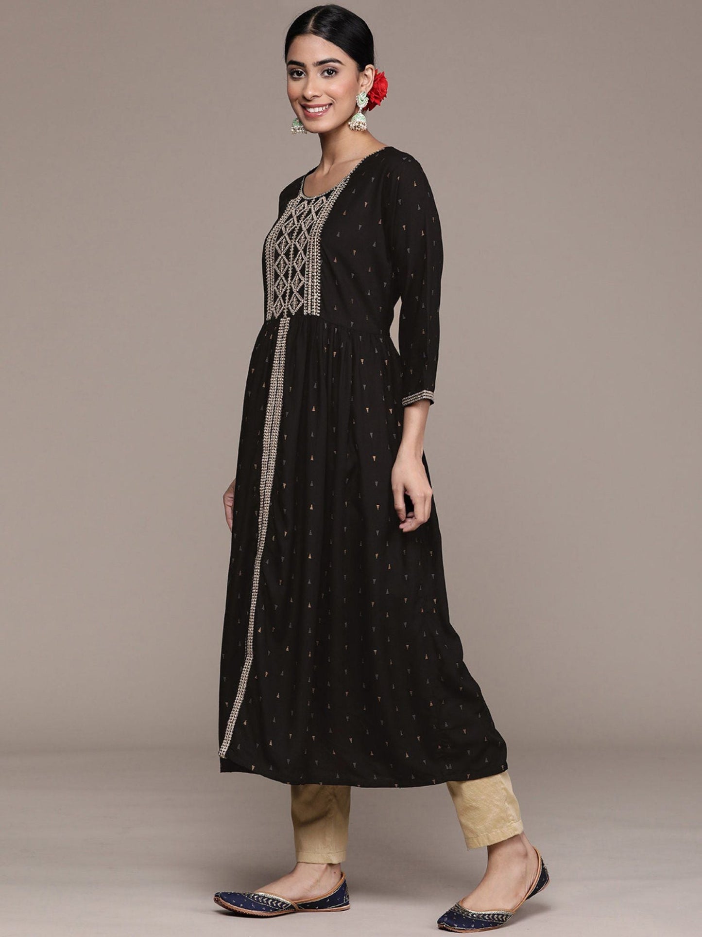 ISHIN Women's Black Foil Printed Zari with Sequins Rayon Flared Kurta
