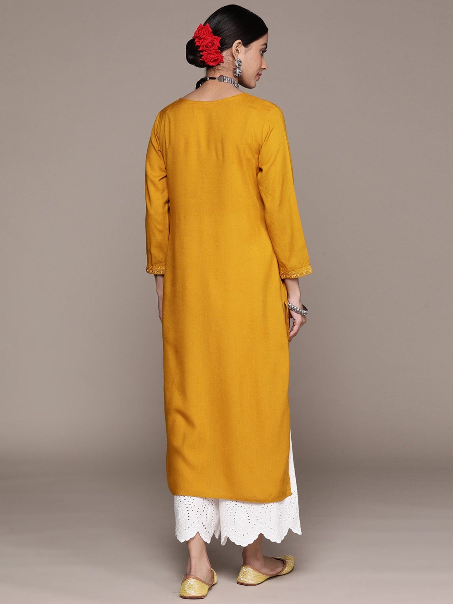 ISHIN Women's Mustard Embellished Straight Kurta