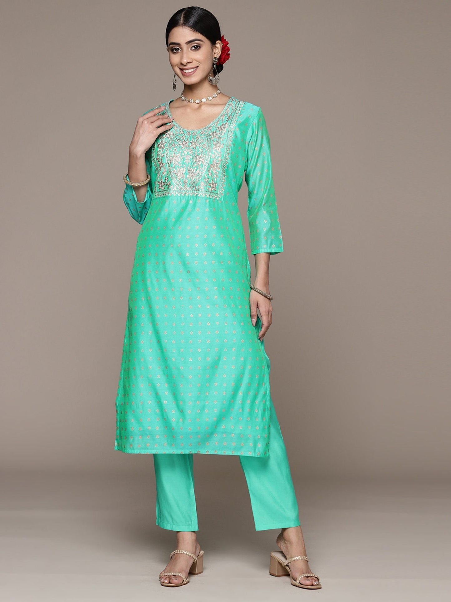 ISHIN Women's Silk Blend Printed Green Straight Kurta Suit with Trousers (Set of 2)