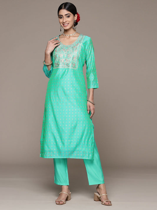 ISHIN Women's Silk Blend Printed Green Straight Kurta Suit with Trousers (Set of 2)