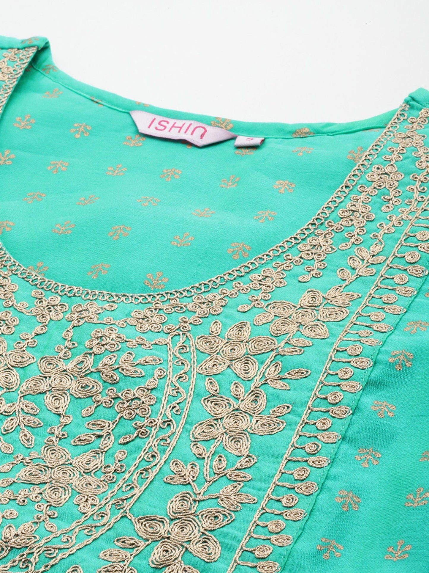 ISHIN Women's Silk Blend Printed Green Straight Kurta Suit with Trousers (Set of 2)