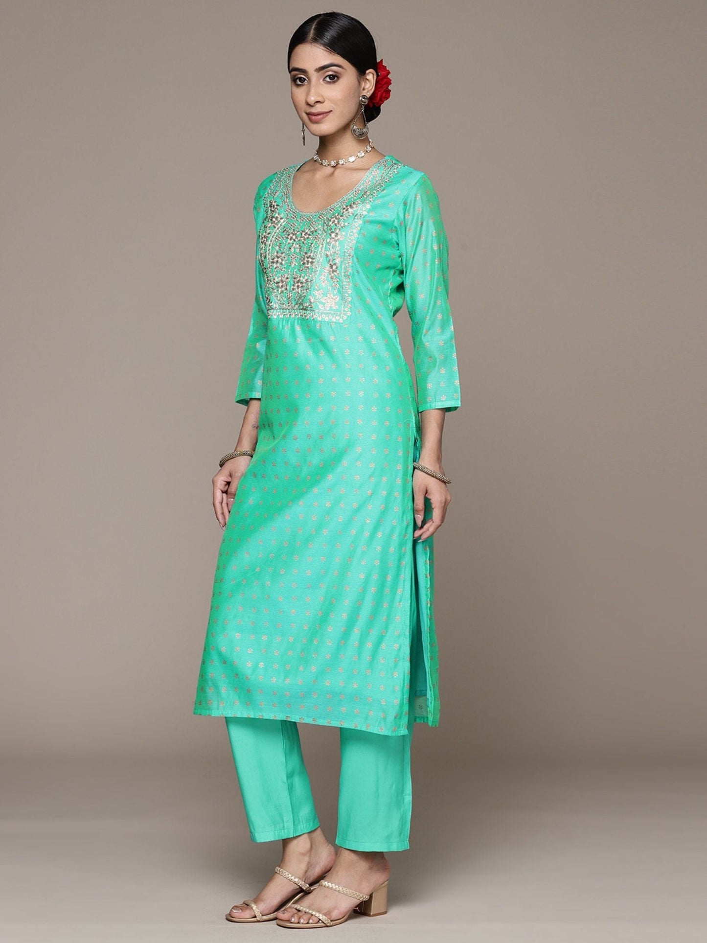 ISHIN Women's Silk Blend Printed Green Straight Kurta Suit with Trousers (Set of 2)