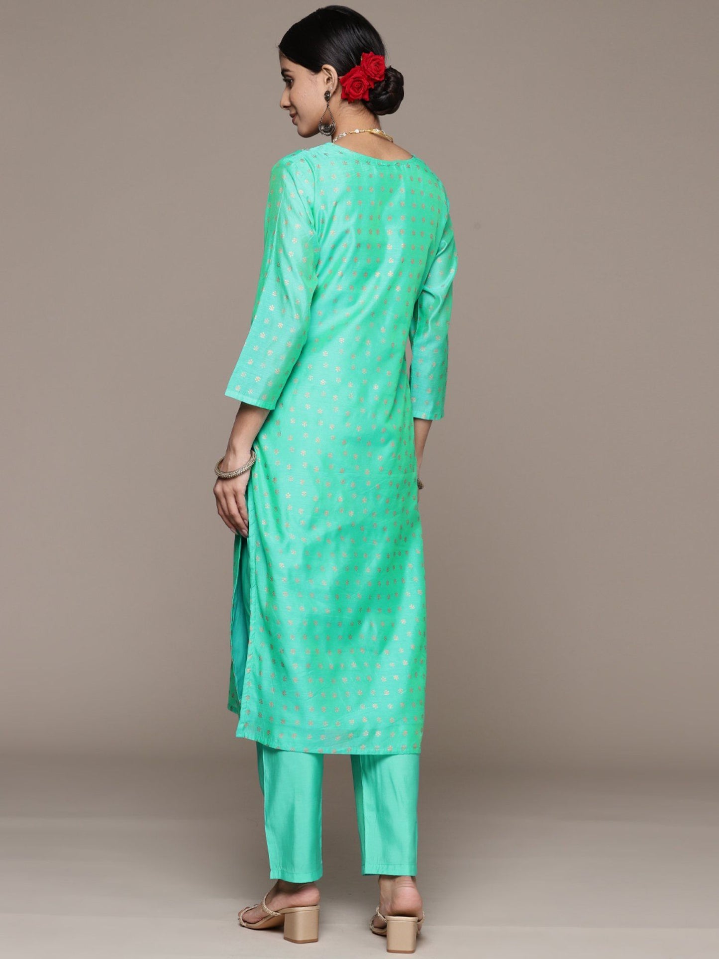 ISHIN Women's Silk Blend Printed Green Straight Kurta Suit with Trousers (Set of 2)