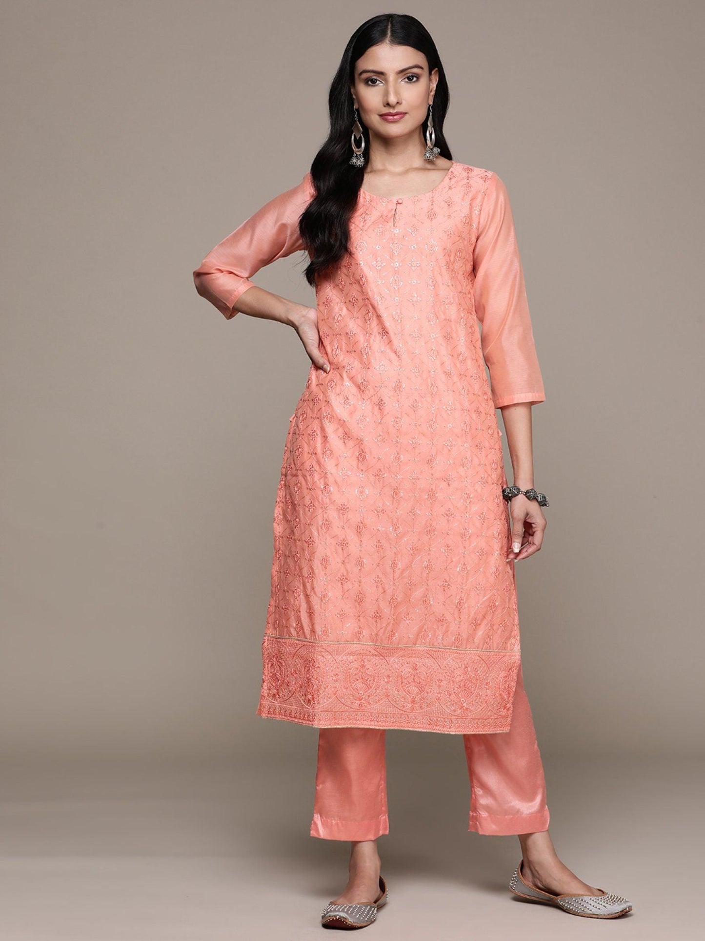 ISHIN Women's Chanderi Silk Embroidered Peach Straight Kurta Suit with Trousers (Set of 2)