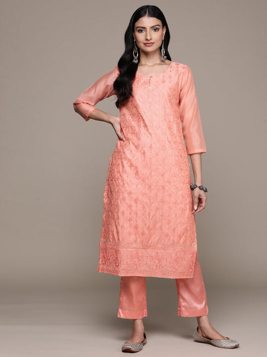 ISHIN Women's Chanderi Silk Embroidered Peach Straight Kurta Suit with Trousers (Set of 2)