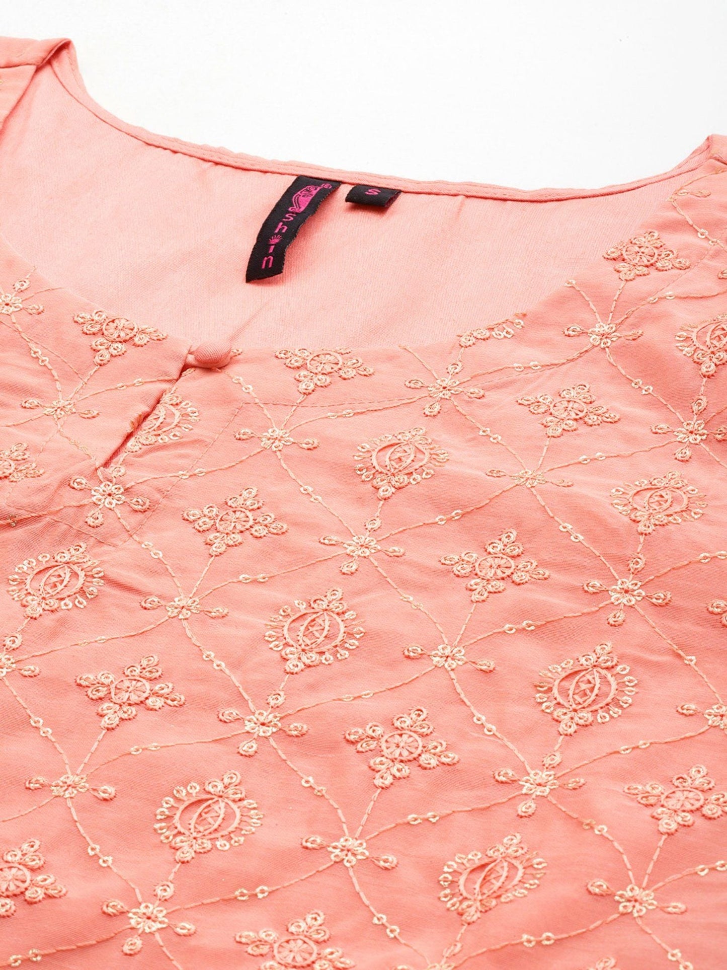 ISHIN Women's Chanderi Silk Embroidered Peach Straight Kurta Suit with Trousers (Set of 2)
