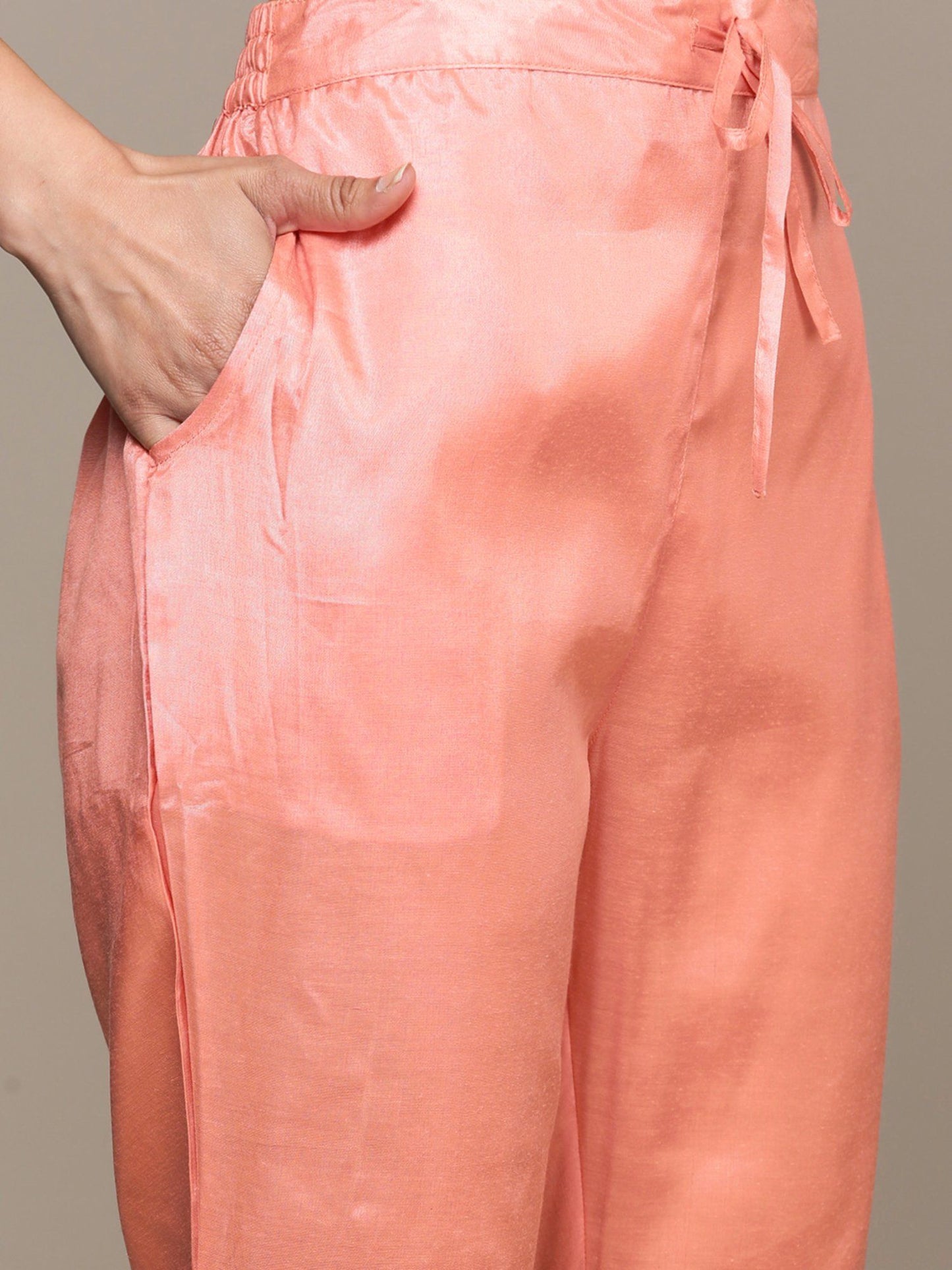 ISHIN Women's Chanderi Silk Embroidered Peach Straight Kurta Suit with Trousers (Set of 2)